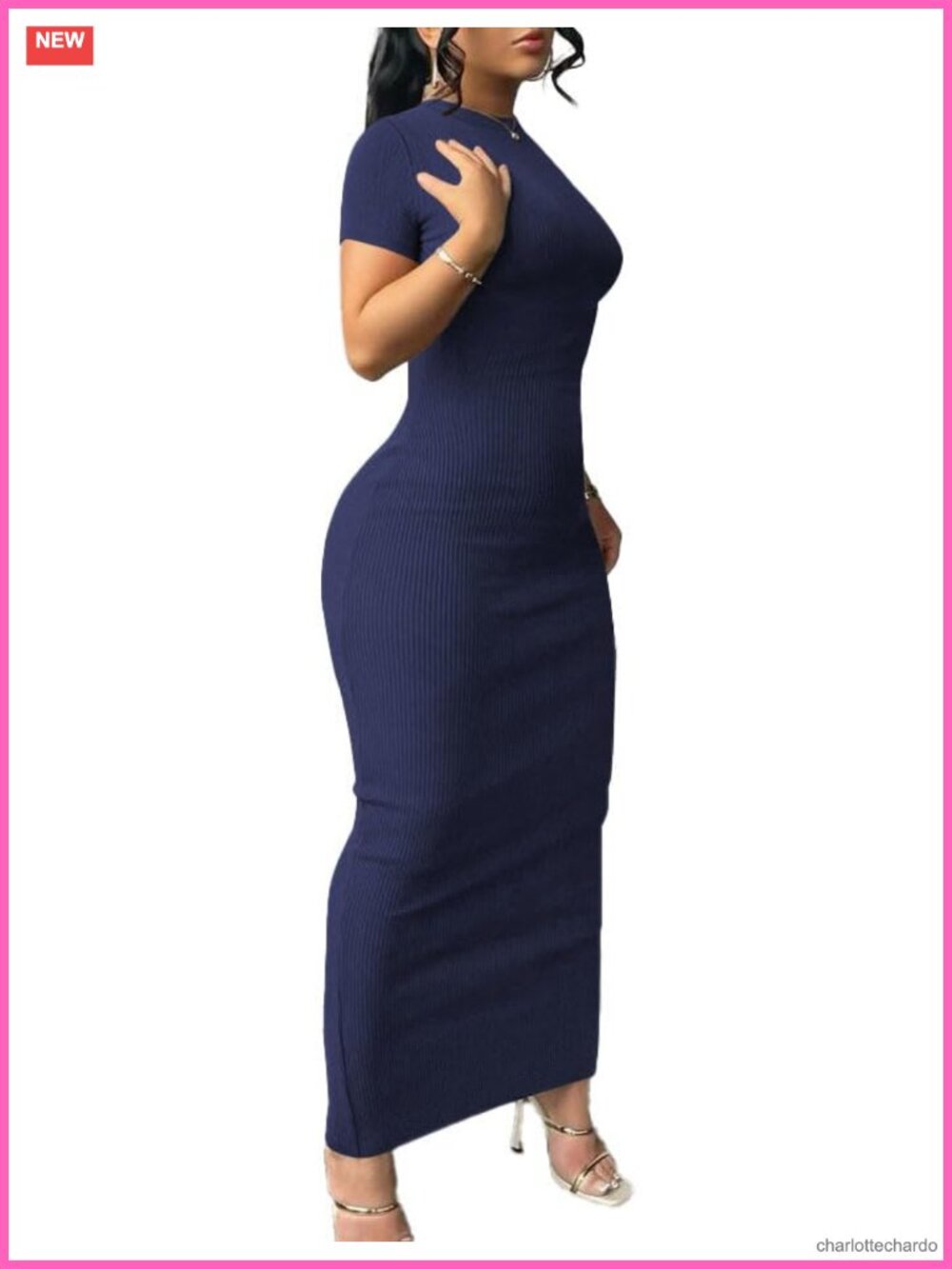 Women Ribbed Knit Bodycon Maxi Dress Short Sleeve Crew Neck Side Slit